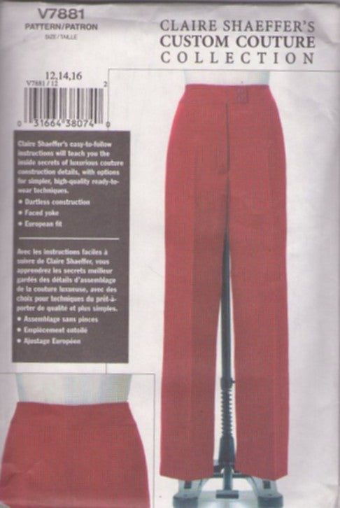 Vogue 7881 Retro 2004 Sewing Pattern Tailored Pants, Claire Shaeffer's Couture Collection Slacks Size 12-16