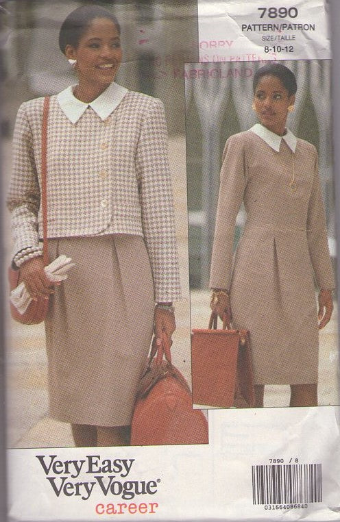 Vogue 7890 Vintage 90's Sewing Pattern Secretary Power Suit, Collared Tapered Day Dress, Boxy Suit Jacket Cover Up Size 8-12