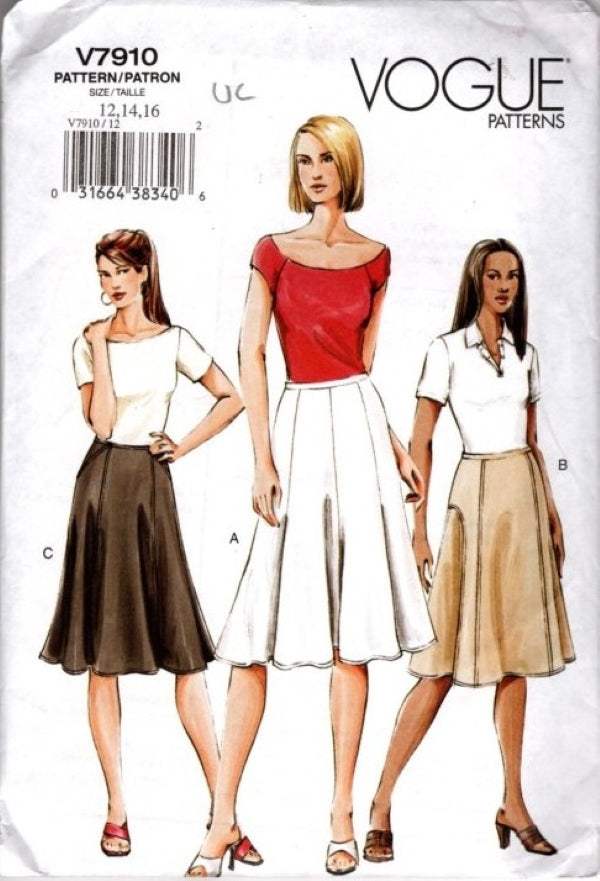 Vogue 7910 Retro 2004 Sewing Pattern Easy Secretary Skirts, Career, Godets, Panels, 3 Styles Size 12-16
