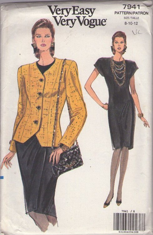 Vogue 7941 Vintage 90's Sewing Pattern Power Suit, Very Easy, Pleated Hip Overlay Cap Sleeve Cocktail Party Dress, Fitted Suit Jacket Size 8-12