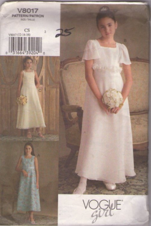 Vogue 8017 Retro 2005 Sewing Pattern Girl's Formal Dresses, Vogue Girl Special Occasion Flower Girl, Junior Bride, Modest Sun Dress, 3 Styles Size 12-14