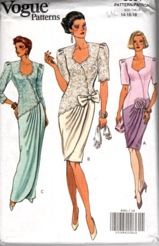 Vogue 8061 Vintage 90's Sewing Pattern Elegant Mock Swag Wrap Evening Gown, Cocktail Party Dinner Dress, MOB Formal Size 14-18