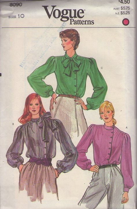 Vogue 8090 Vintage 80's Sewing Pattern Career Blouses, Asymmetric Buttons, Pussycat Bow, Tie Collar or Nehru Blouse Set 3 Styles Size 10