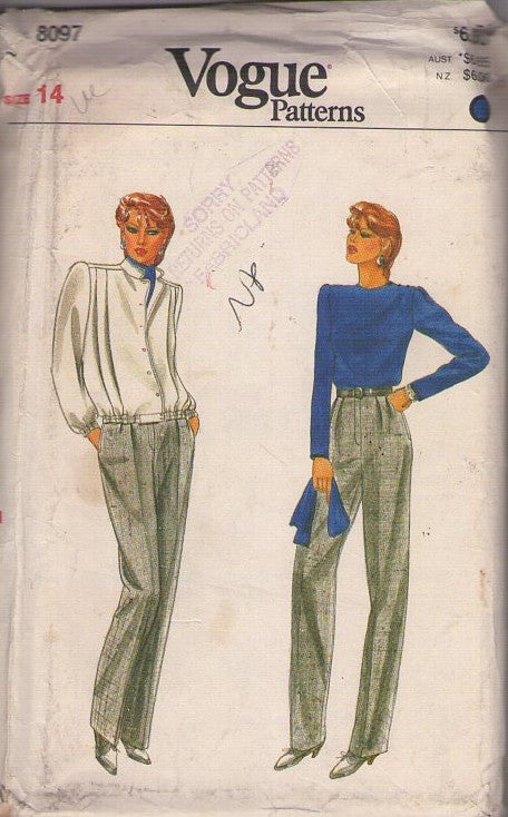 Vogue 8097 Vintage 80's Sewing Pattern Brat Pack Separates, Jacket, Fly Front Trousers, Tshirt & Scarf Size 14