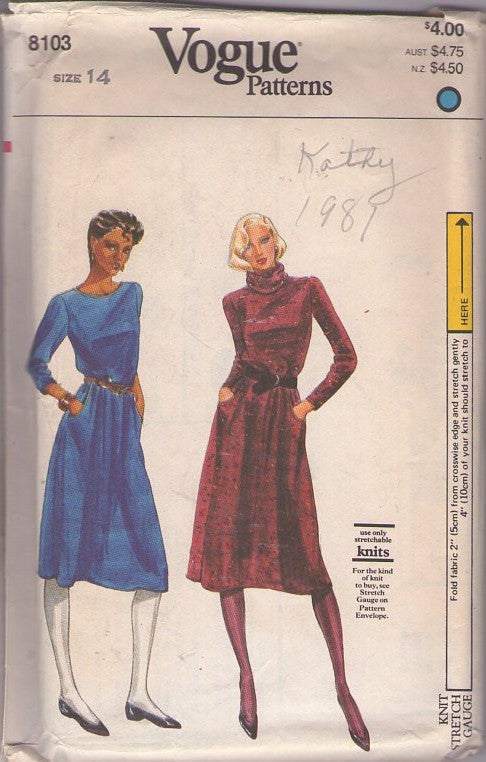 Vogue 8103 Vintage 80's Sewing Pattern Two Piece Dress, Stretch Knits, Pullover Scoop Neck or Turtle Neck Top, Flared Skirt with Pockets 2 Piece Dress Size 14
