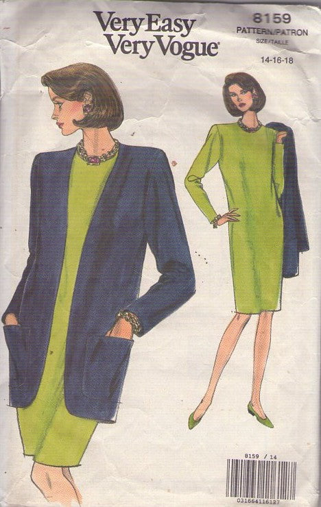 Vogue 8159 Vintage 90's Sewing Pattern Secretary Dress, Jacket, Minimalist, Very Easy Very Vogue, Straight Fit Dress & Long Over the Hips Blazer Suit Jacket Cover Up Size 14-16