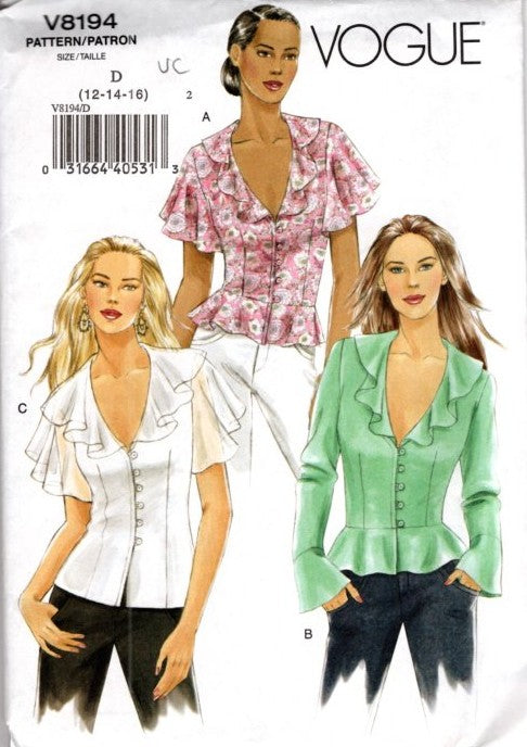 Vogue 8194 Retro 2006 Sewing Pattern Blouse Set, Summer, Ruffles, Peplum, Secretary, 3 Styles Size 12-16