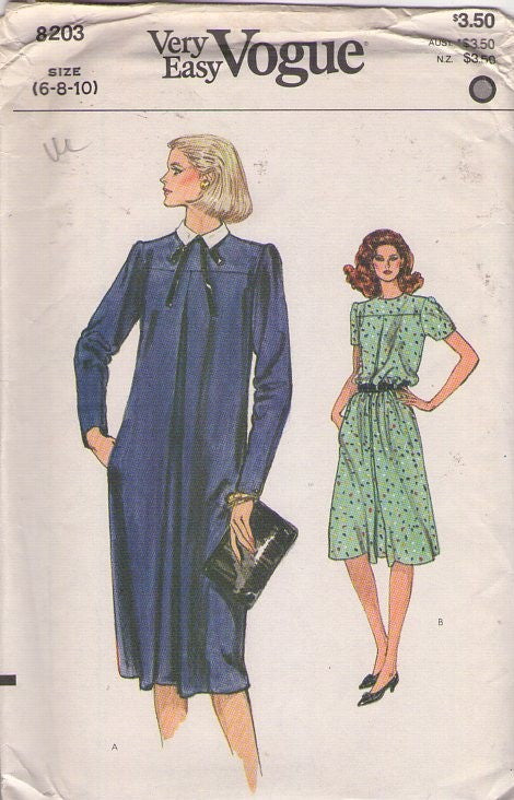 Vogue 8203 Vintage 80's Sewing Pattern Secretary Dress, Very Easy, Modest Straight Fit or Bloused Belted Sack Dress, 2 Styles Size 6-10