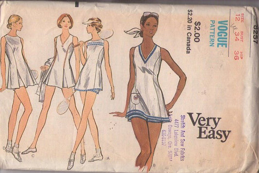 Vogue 8257 Vintage 70's Sewing Pattern Very Easy Retro Tennis Dress, Micro Mini Sports Dress & Shorts Size 12