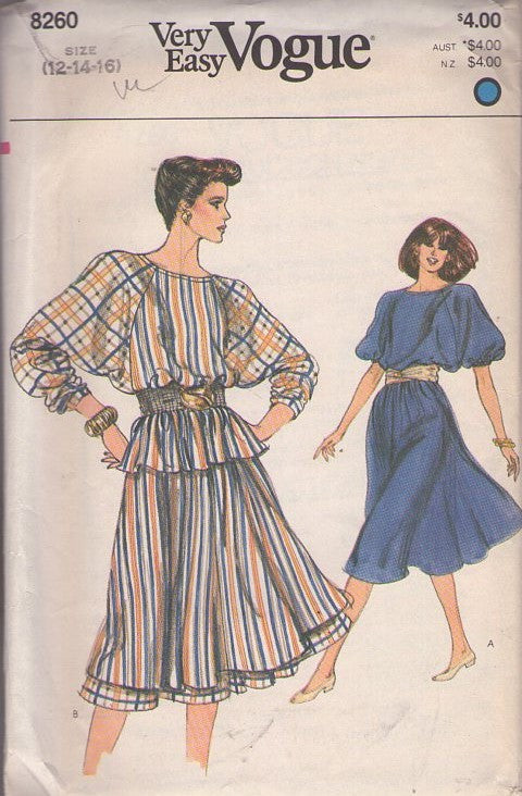 Vogue 8260 Vintage 80's Sewing Pattern Very Easy Dress, Top, Skirt, Oversized Sleeves Peplum Blouse, Flounced Skirts, 2 Piece Dress Size 12-16