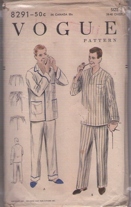 Vogue 8291 Vintage 50's Sewing Pattern Men's Pajamas, Button Fly Drawstring Trousers, Sleep Jacket or Shirt Size L