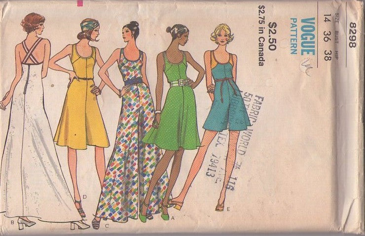 Vogue 8298 Vintage 70's Sewing Pattern Summer Tank Dress, Scoop Neck, Contrast Sleeves Playsuit, Pantdress, Romper, Maxi Gown 5 Styles Size 14