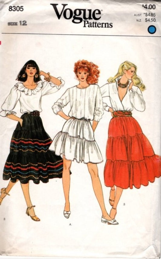 Vogue 8305 Vintage 70's Sewing Pattern Tiered Skirt Set, Boho, Gypsy, Cottagecore, Prairie Skirts 2 Styles Size 12