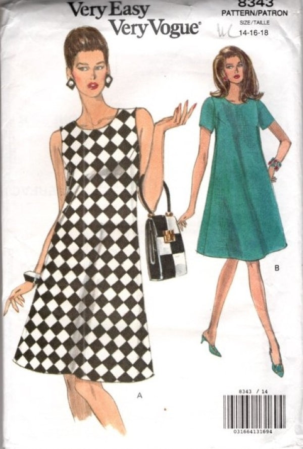 Vogue 8343 Vintage 90's Sewing Pattern Very Easy Mod Style Tent Dress, Summer Shift, 2 Styles Size 14-18