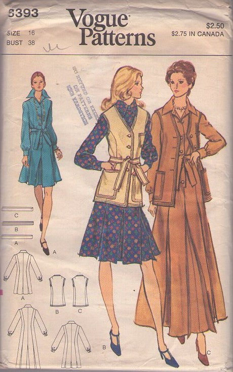 Vogue 8393 Vintage 70's Sewing Pattern Secretary Dress, Jacket Set, Box Pleated Shirtwaist Day Dress, Long Hostess Maxi Gown, Vest or Cardigan Jacket Size 16