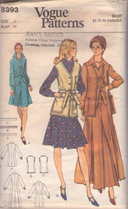 Vogue 8393 Vintage 70's Sewing Pattern Secretary Dress, Jacket Set, Box Pleated Shirtwaist Day Dress, Long Hostess Maxi Gown, Vest or Cardigan Jacket Size 12