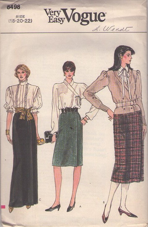 Vogue 8498 Vintage 80's Sewing Pattern Wrap Skirts, Very Easy Wrap Around Skirt Set, 3 Lengths Size 18-22