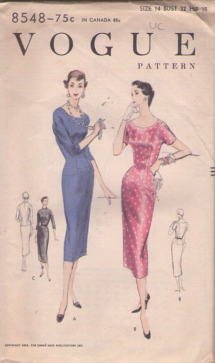 Vogue 8548 Vintage 50's Sewing Pattern Afternoon Suit Dres, Curve Hugging, Dropped Hip Details, Scoop Neck Cocktail Party Sheath Dress Size 14