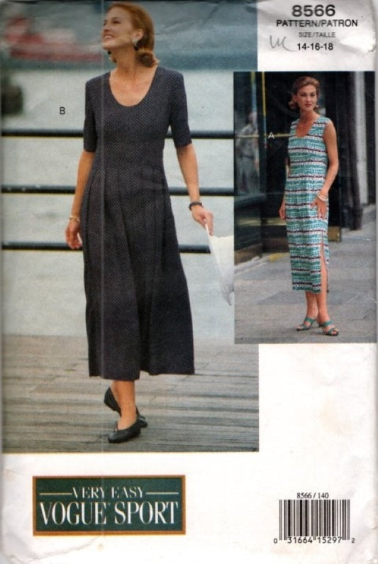 Vogue 8566 Vintage 90's Sewing Pattern Very Easy Dress, Scoop Neck, Modest, Summer, 2 Styles Size 14-18