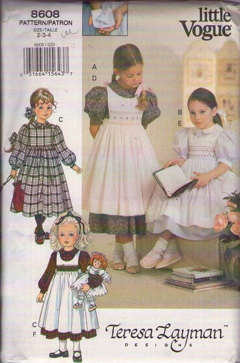 Vogue 8608 Vintage 90's Sewing Pattern Girl's Dress, Pinafore Apron, Smocking Trim, Teresa Layman Designs, Cottagecore, Farmcore, Old Fashioned School Separates Size 2-4