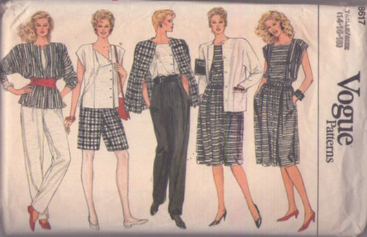 Vogue 8617 Vintage 80's Sewing Pattern Secretary Separates, Batwing Jacket Top, Side Buttons Cap Sleeve Blouse, Full Pleated Flared Skirt, Shorts, Pants with Pockets Size 14-18 Part Cut