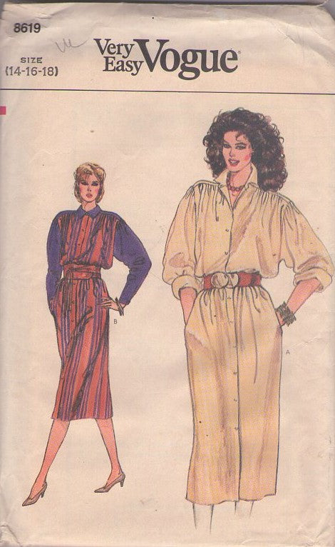 Vogue 8619 Vintage 80's Sewing Pattern Two Tone Dress Set, Very Easy Button Down, Batwing Sleeves Dress, 2 Tone Options Size 14-18