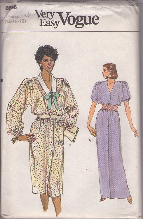 Vogue 8696 Vintage 80's Sewing Pattern Secretary Party Dress, Very Easy Button Down, V Neck, Dolman Puff or Balloon Sleeves, Office or Evening Size 14-18