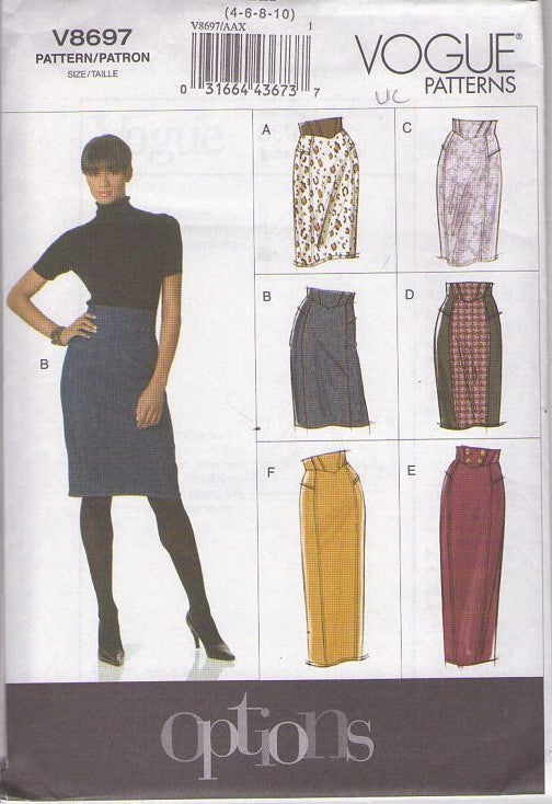 Vogue 8697 Retro 2010 Sewing Pattern Skirt Set, Rockabilly Bombshell Vixen High Rise Built Up Waist Curve Hugging Sheath Pencil Skirt, 6 Styles Size 4-10