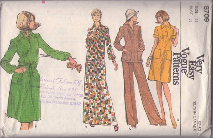 Vogue 8709 Vintage 70's Sewing Pattern Pantsuit Separates, Very Easy, Button Band Collared Blouse Top, Day Dress, Maxi Gown, Pants Size 14