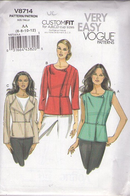 Vogue 8714 Retro 2011 Sewing Pattern Very Easy Vest, Jacket, Blouse with Peplum, 3 Styles Size 6-12