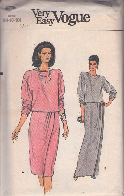 Vogue 8735 Vintage 80's Sewing Pattern Two Piece Dress, Formal Bateau Neck, Push Up Sleeves Blouse Top, Pleated Faux Wrap Skirt Size 14-18