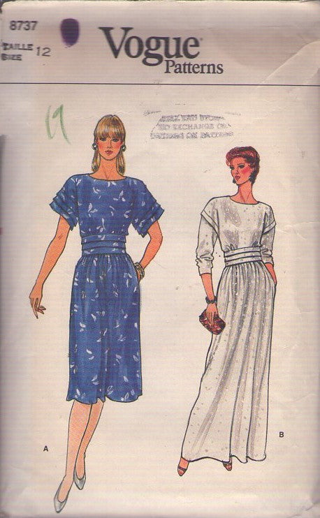 Vogue 8737 Vintage 80's Sewing Pattern Disco Dress, Pleat Bands, Drop Shoulder, Secretary Knee Length or Evening Maxi Gown Size 12