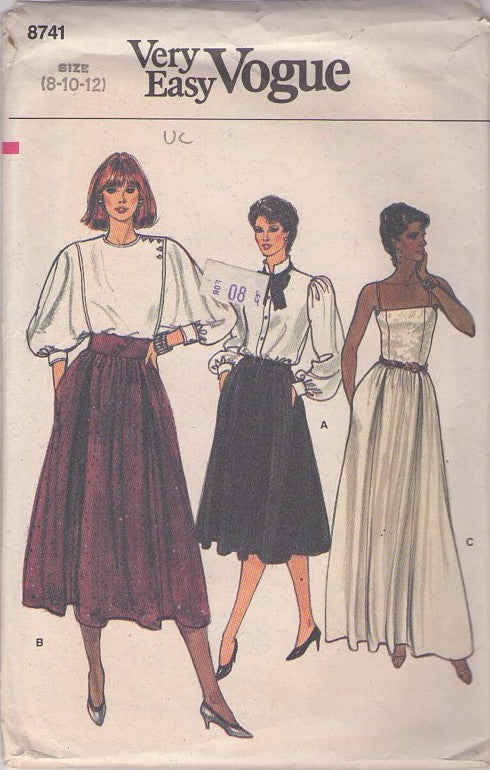 Vogue 8741 Vintage 80's Sewing Pattern Skirts, Very Easy, Secretary Career Skirt, Floor Length Evening Gala Occasion Skirt Set Size 8-12