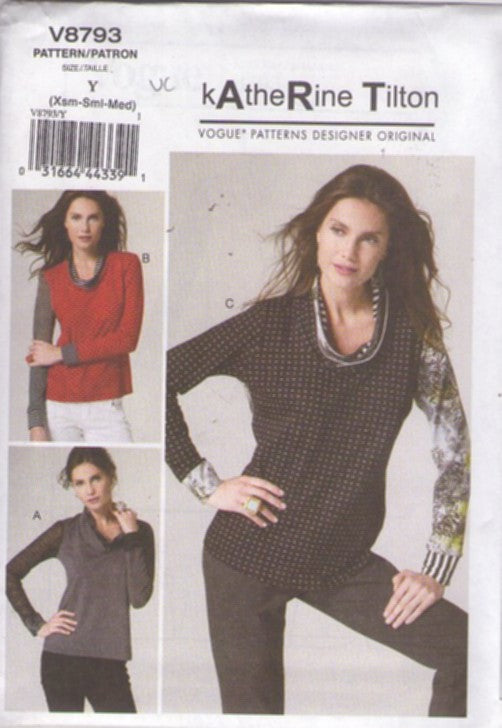 Vogue 8793 Retro 2012 Sewing Pattern Designer Original Blouses, Katherine Tilton, Scooped Cowl Neck Blouse, Top Set 3 Styles Size XS-M