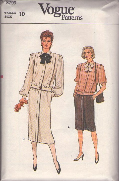 Vogue 8799 Vintage 80's Sewing Pattern Suit Dress, Brat Pack Secretary, Buttoned Hip Band Jacket Blouse with Flanged, Concealed Front Buttoned Straight Skirt with Pockets Size 10