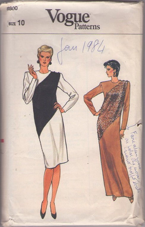 Vogue 8800 Vintage 80's Sewing Pattern Gala Event Dresses, Gown, Sequined Diagonal Contrast Party Dress, Cher Bob Mackie Style Gown, Color Block WOW Size 10