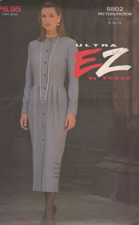 Vogue 8802 Vintage 90's Sewing Pattern Ultra EZ Dress, Front Buttoned Career Secretary Dress, Pleated Flared Hips Sheath Size 8-12