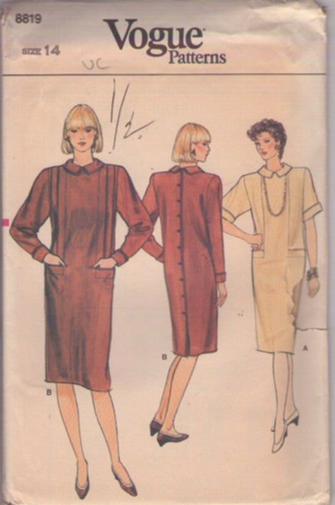 Vogue 8819 Vintage 80's Sewing Pattern Brat Pack Dress, Grunge Era, Straight Fit, Pleated Front, Buttons Down The Back Dress Size 14