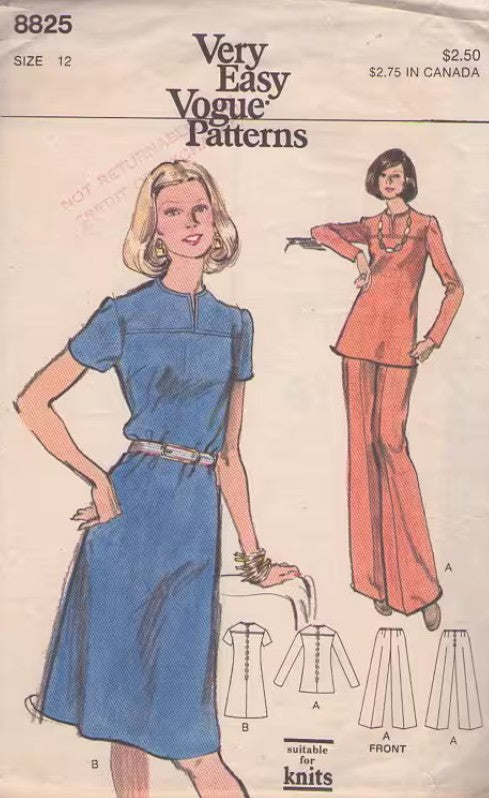 Vogue 8825 Vintage 70's Sewing Pattern Knits Separates, Very Easy, Slit Neck, Flared Mod Tunic Top, Pan Am Stewardess Dress & Pants Size 12