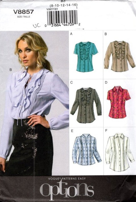 Vogue 8857 Retro 2012 Sewing Pattern Easy Options Blouse, Shirt Set, 6 Styles Size 8-16