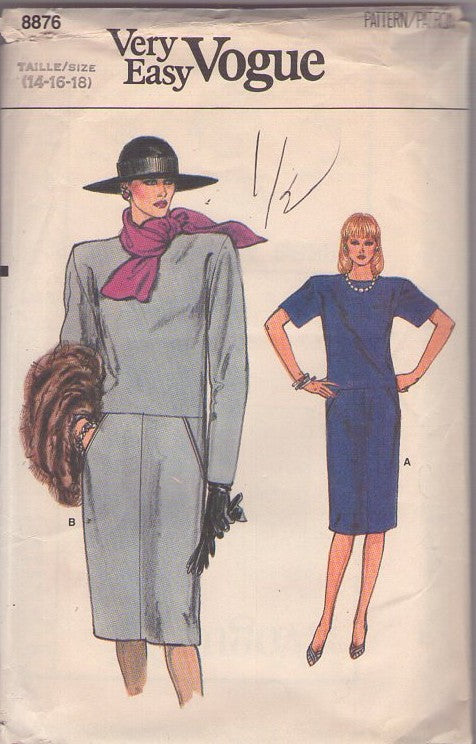 Vogue 8876 Vintage 80's Sewing Pattern Secretary Dress, Very Easy, Minimalist, Drop Waist Slim Fit Dress, Pockets & Scarf Size 14