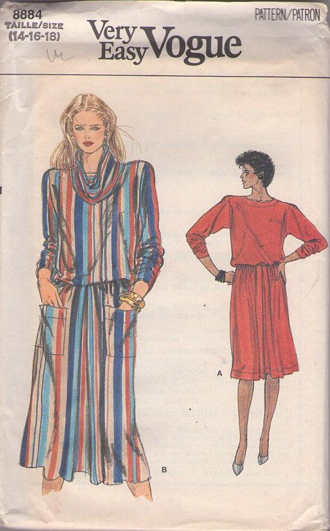 Vogue 8884 Vintage 80's Sewing Pattern 2 Piece Dress Set, Very Easy Cowl Neck Blouson Top, Flared Skirt with Pockets, Flared, Size 14-18