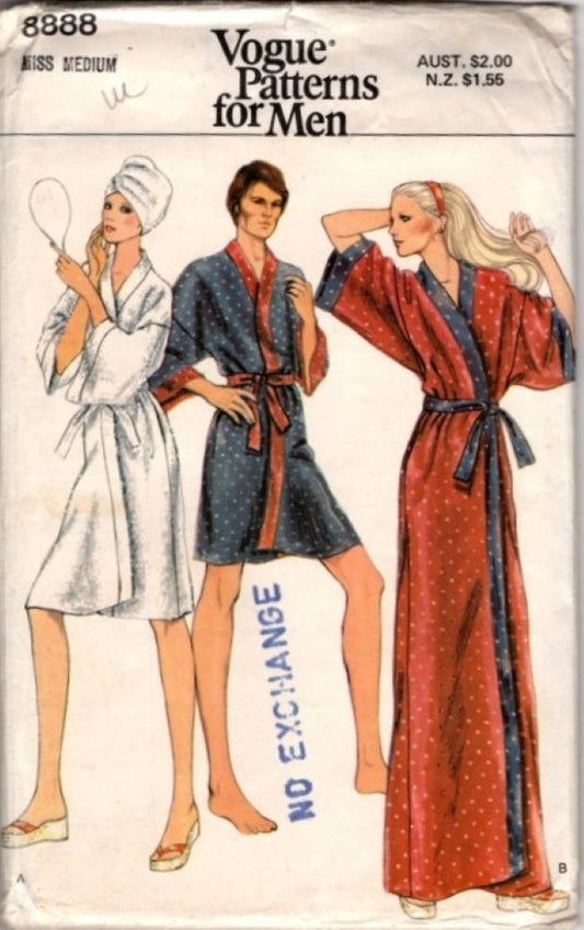 Vogue 8888 Vintage 70's Sewing Pattern Unisex Wrap Robe, Kimono, Bathrobe, Short Spa, Long Dressing Gown 3 Styles Size M