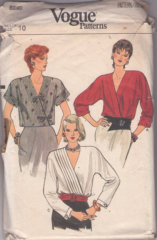 Vogue 8890 Vintage 80's Sewing Pattern Casual Shirts, Deep V Neck, Pin Tucks, Wrap Around Blouse Set, Dolman Sleeve Size 10