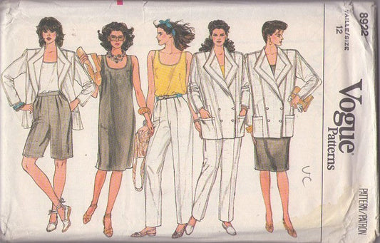 Vogue 8922 Vintage 80's Sewing Pattern Avant Garde Separates, Wing Collar Lapels, Double Breasted Suit Jacket, Straight Dress, Tank Top, Pants & Long Shorts Size 12