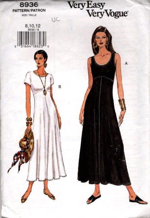 Vogue 8936 Retro 2001 Sewing Pattern Very Easy Dress, High Waist, Midi Length Summer Styles Size 8-12