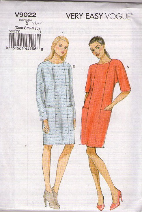 Vogue 9022 Retro 2014 Sewing Pattern Very Easy Career Sack Dress, Straight Fit, Pockets, Size XS-M
