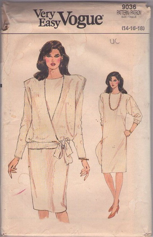 Vogue 9036 Vintage 80's Sewing Pattern Secretary Dress & Top, Very Easy, Wide Sleeves, Straight Fit, Loose Cap Sleeves, Hip Wrap & Tie Vest Jacket Size 14-18