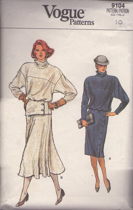 Vogue 9104 Vintage 80's Sewing Pattern Secretary Separates, Turtle Neck, Blouson, Dolman Sleeve Top with Peplum, Skinny Side Button or Flared Skirt, 2 Piece Dress Size 10