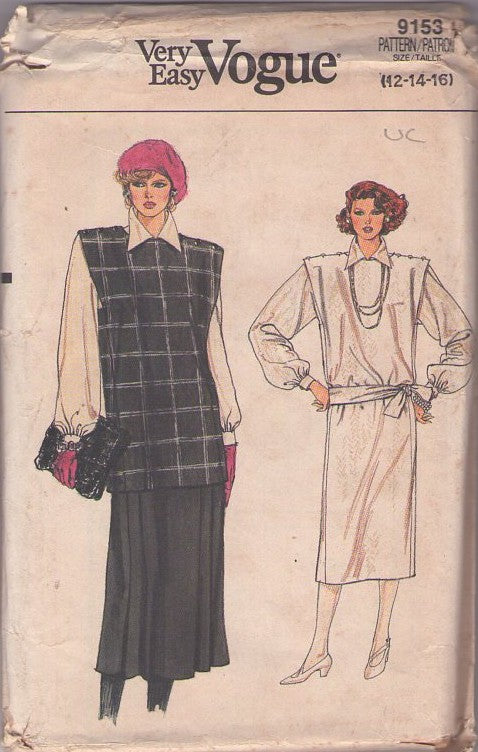 Vogue 9153 Vintage 80's Sewing Pattern Secretary Separates, Very Easy, Oversized Tunic Vest, Blouse, Skirt, Jumper Size 12-16